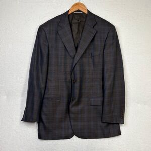 Canali Mens 56 Blazer 13290 Sport Coat Brown Blue Plaid Silk Wool Italy READ